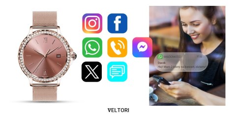 Smartwatch Damski VELTORI VT320-1 Złota Bransoleta + Różowy Pasek Silikonowy Smartwatch Damski VELTORI VT320-1 Złota Bransoleta + Różowy Pasek Silikonowy