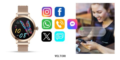Smartwatch Damski VELTORI VT340-1 Złota Bransoleta + Różowy Pasek Silikonowy Smartwatch Damski VELTORI VT340-1 Złota Bransoleta + Różowy Pasek Silikonowy