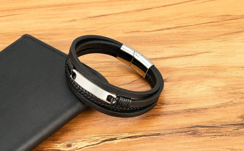 Męska bransoleta skórzana XQNI M06 | Czarna 21 cm Męska bransoleta skórzana XQNI M06 | Czarna 21 cm