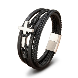 Męska bransoleta skórzana XQNI M07 | Czarna 21 cm