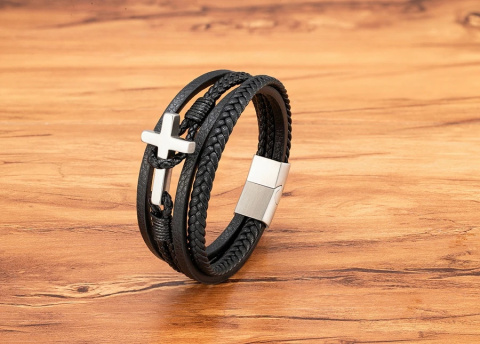 Męska bransoleta skórzana XQNI M07 | Czarna 21 cm Męska bransoleta skórzana XQNI M07 | Czarna 21 cm