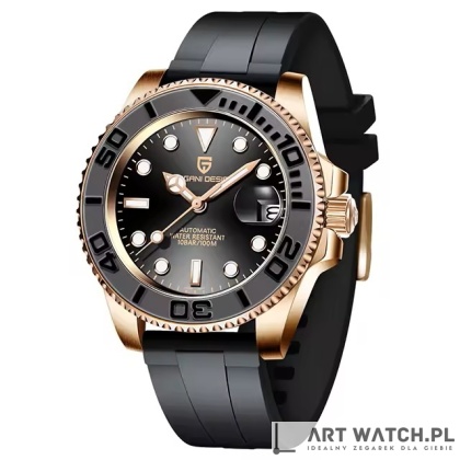 Zegarek automatyczny Pagani Design 1651 | Czarny/Złoty 10 Bar Szafir