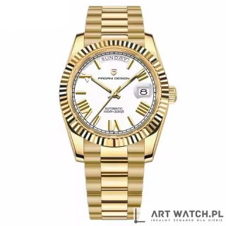 Zegarek automatyczny Pagani Design 1752 | Biały/Złoty 10 Bar Szafir