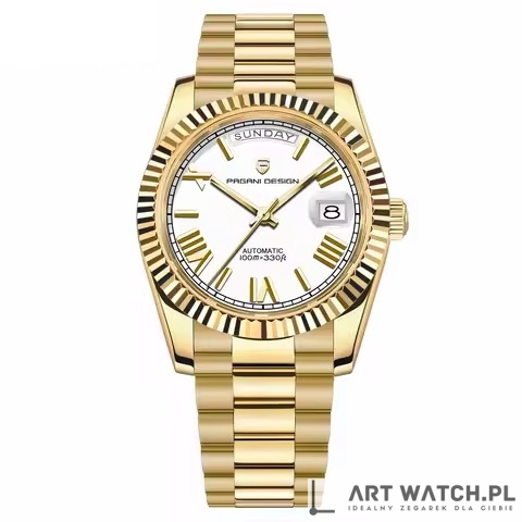 Zegarek automatyczny Pagani Design 1752 | Biały/Złoty 10 Bar Szafir
