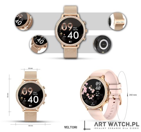 Smartwatch Damski VELTORI VT310-1 Złota Bransoleta + Różowy Pasek Silikonowy