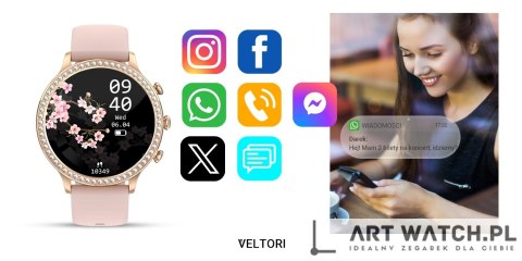 Smartwatch Damski VELTORI VT310-1 Złota Bransoleta + Różowy Pasek Silikonowy