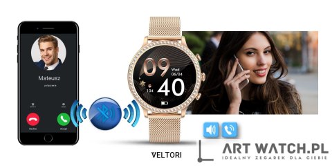 Smartwatch Damski VELTORI VT310-1 Złota Bransoleta + Różowy Pasek Silikonowy