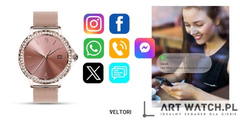 Smartwatch Damski VELTORI VT320-1 Złota Bransoleta + Różowy Pasek Silikonowy