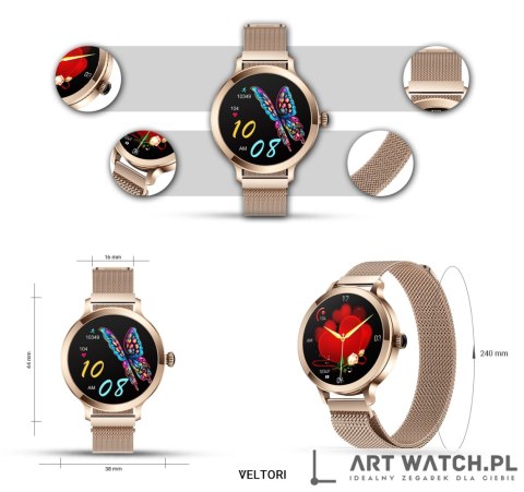 Smartwatch Damski VELTORI VT340-1 Złota Bransoleta + Różowy Pasek Silikonowy