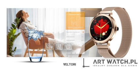 Smartwatch Damski VELTORI VT340-1 Złota Bransoleta + Różowy Pasek Silikonowy