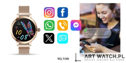 Smartwatch Damski VELTORI VT340-1 Złota Bransoleta + Różowy Pasek Silikonowy