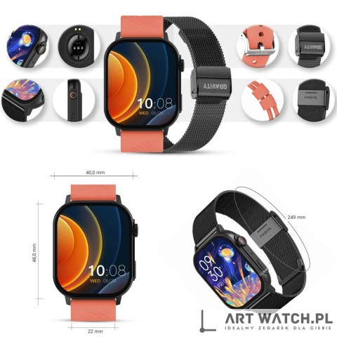 Smartwatch Gravity GT15-3 Czerwony Pasek Silikonowy + Czarna Bransoleta