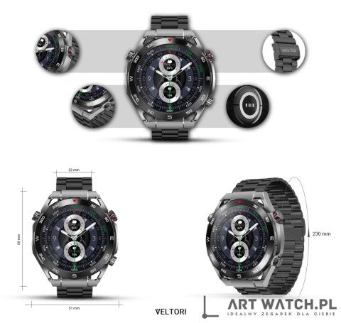 Smartwatch VELTORI VT100-1 + Czarny Pasek Silikonowy + Czarny Eko Skóra