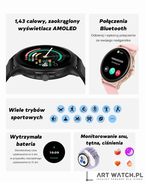 Smartwatch Damski GRAVITY GT12-7 Czarny Pasek Silikonowy + Srebrna Bransoleta