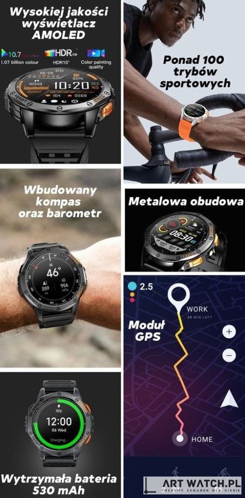 Smartwatch Męski GRAVITY GPS GT24-2 Czarny Pasek Silikonowy + Biały Pasek Silikonowy
