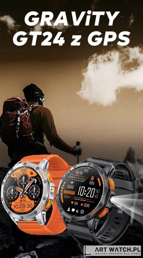 Smartwatch Męski GRAVITY GPS GT24-2 Czarny Pasek Silikonowy + Biały Pasek Silikonowy